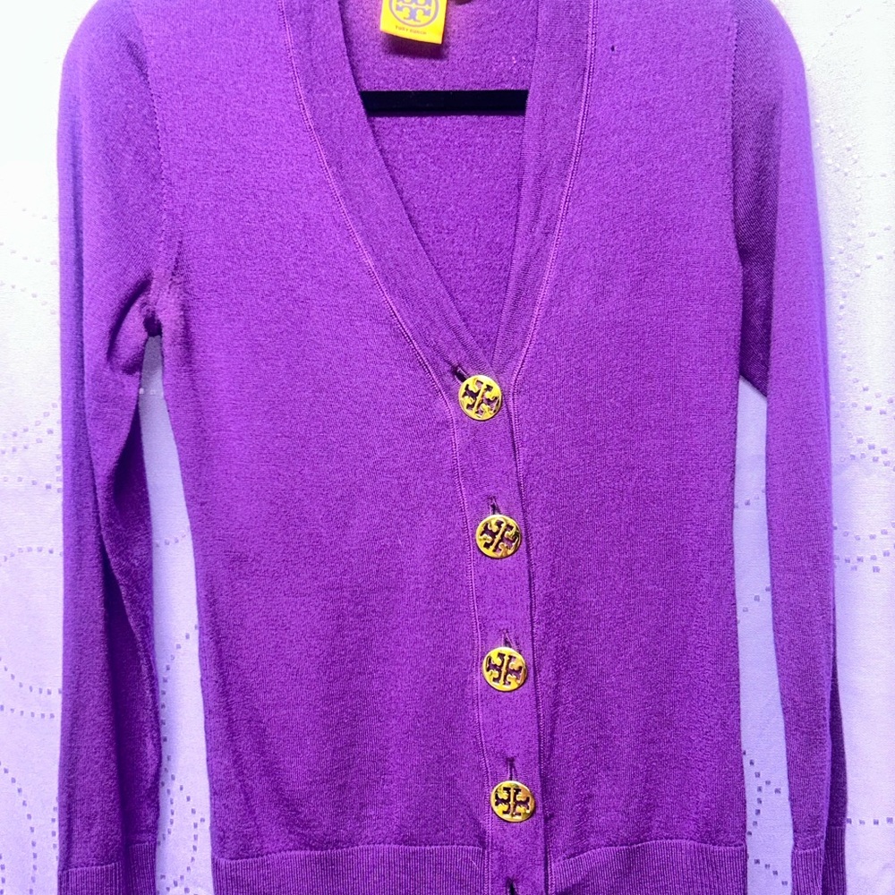 Tory Burch Vibrant Purple Cardigan with Gold Accents